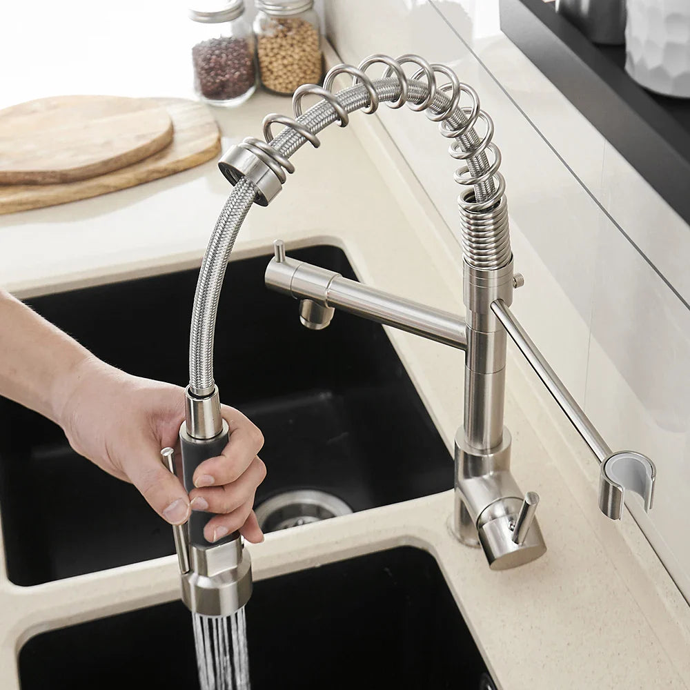 Afralia™ Brushed Nickel Kitchen Faucet Pull Out Mixer Tap Swivel Water Outlet