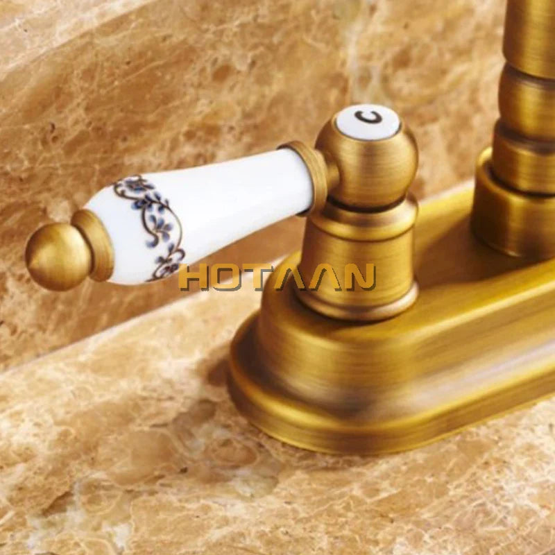 Afralia™ Antique Brass Dual Hole Basin Faucet Mixer Tap for Bathroom Sink