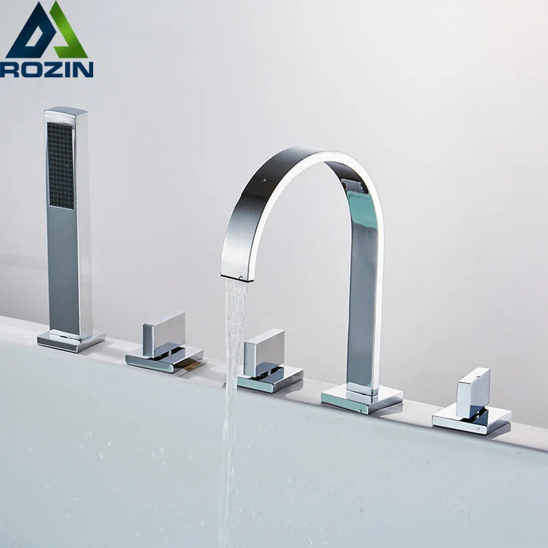 Afralia™ Chrome and Black 3-Handle Bathtub Faucet with Handshower