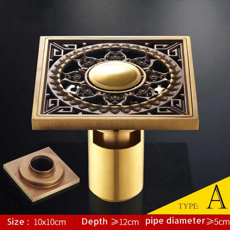 Afralia™ Antique Brass Fish Style Shower Drain 10cm Square Floor Drainer