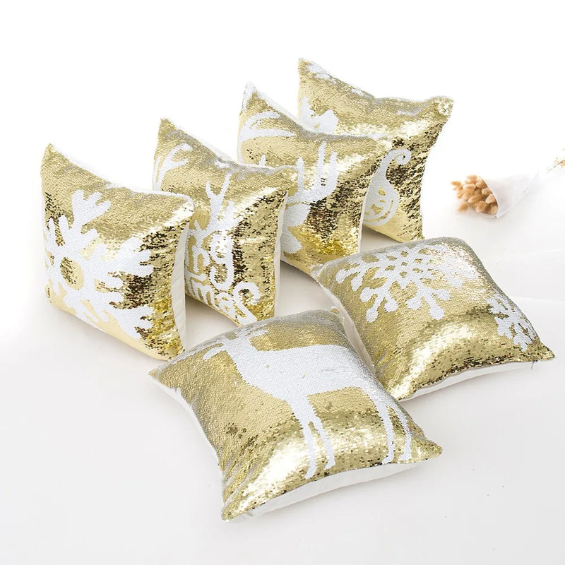 Golden Mermaid Snowflake Deer Sequin Christmas Pillow Cover for Sofa Bed Afralia™