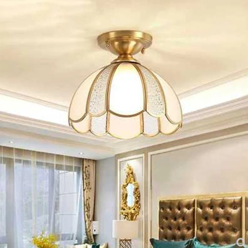 Afralia™ Luxury Copper Glass Flower Ceiling Light Fixture LED Gold Lamp