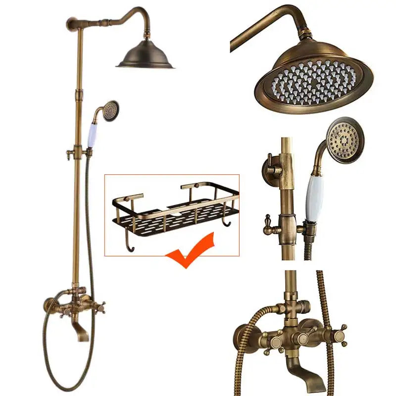 Afralia™ Antique Brass Shower Faucet Set with Handheld Shower- 8" Rainfall Head