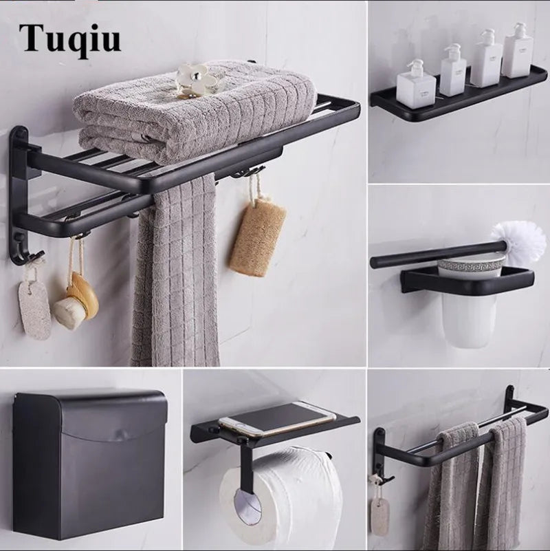 Black Bathroom Set: Afralia™ Space Aluminum Hardware Towel Rack, Paper Holder, Toilet Brush, Robe Hooks