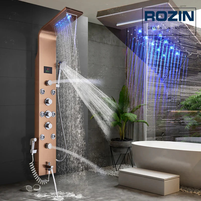 Afralia™ Rose Gold LCD Shower Panel 6 Modes Rain Waterfall Massage Jet Mixer Tap