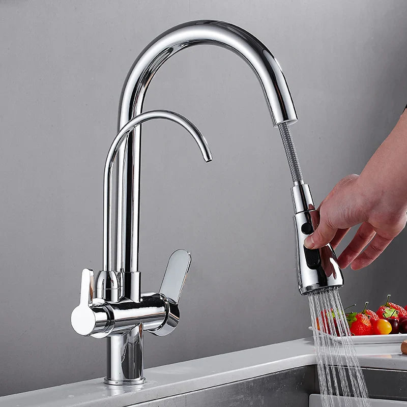 Afralia™ Black Solid Brass 3 Way Kitchen Faucet Deck Mounted Water Filter Tap
