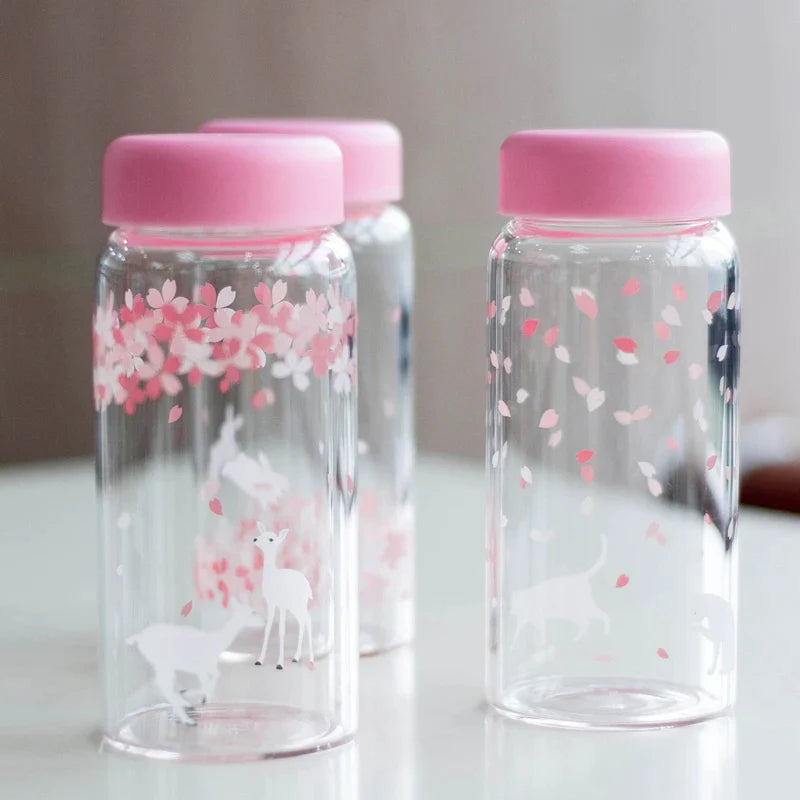 Afralia™ Kawaii Sakura Glass Water Bottle 310ml Cute Cartoon Animal Design