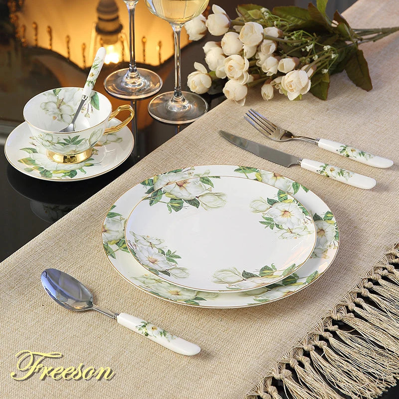 Afralia™ Royal Bone China Dinnerware Set with Cutlery - European Pastoral Style