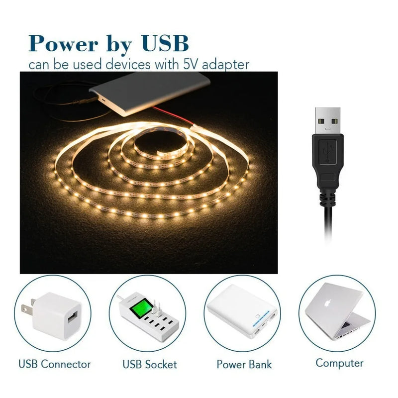 Afralia™ 2835 DC LED Light Strip USB 5V Flexible 50CM - 5M White/Warm TV Background Night Light