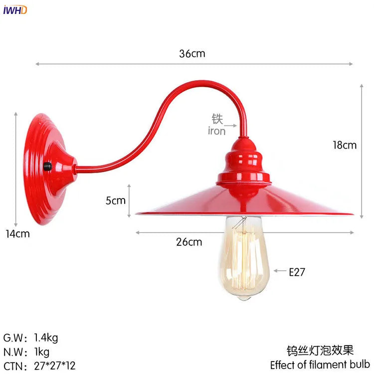 Afralia™ Red Metal Vintage LED Wall Light Retro Sconce for Bedroom Living Room