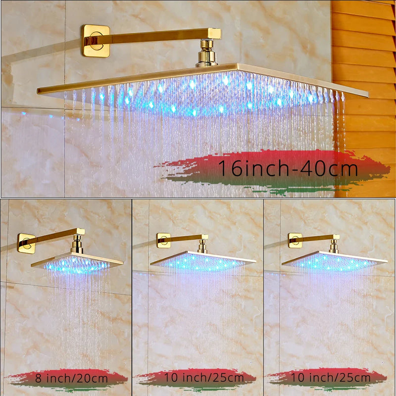 Afralia™ LED Golden Shower Faucet Set with Single Handle Rainfall Bath Mixer