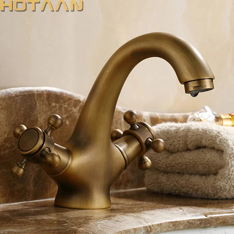 Afralia™ Antique Brass Double Handle Faucet Kitchen Bathroom Basin Mixer Robinet Antique