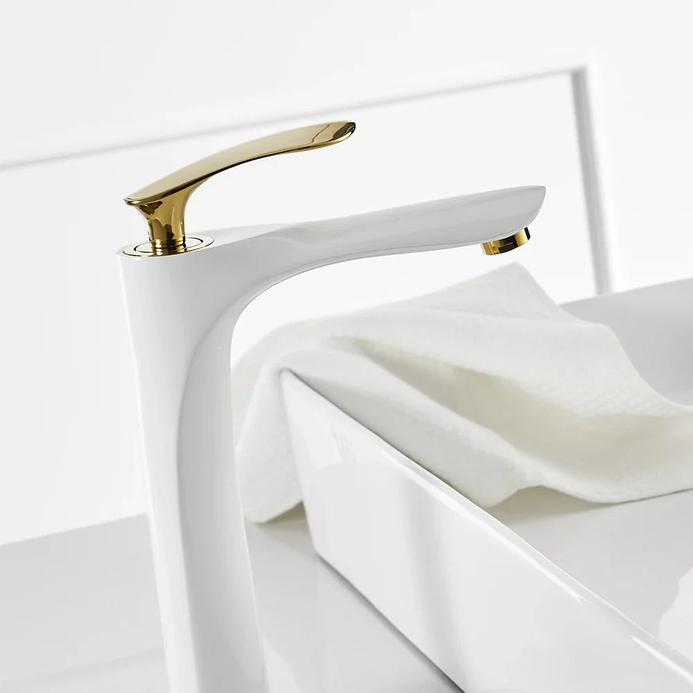 Afralia™ White Basin Faucet with Gold Finish, Hot and Cold Water Mixer Tap