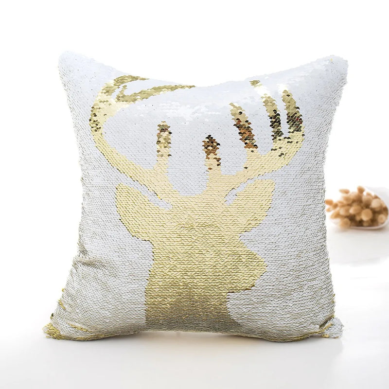 Golden Mermaid Snowflake Deer Sequin Christmas Pillow Cover for Sofa Bed Afralia™