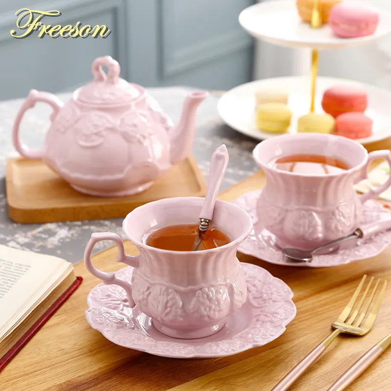 Afralia™ Pink Ceramic Tea Set Retro British Floral Teapot Mug Cafe Teatime Cup