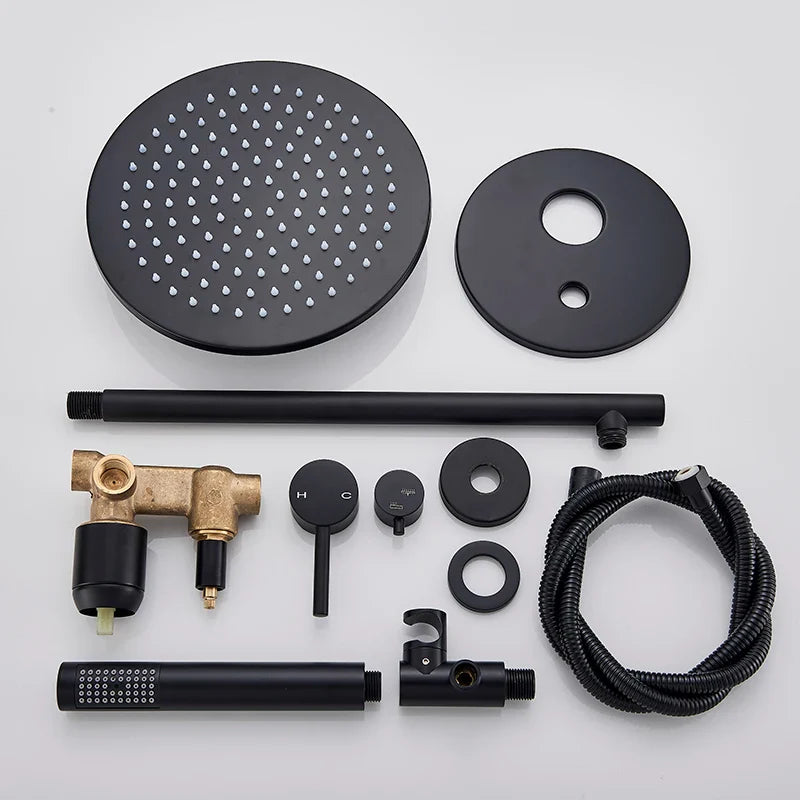 Afralia™ Brass Black Shower Set with Ceiling/Wall Arm, Diverter Mixer, Handheld Spray, 8-16" Rain Head