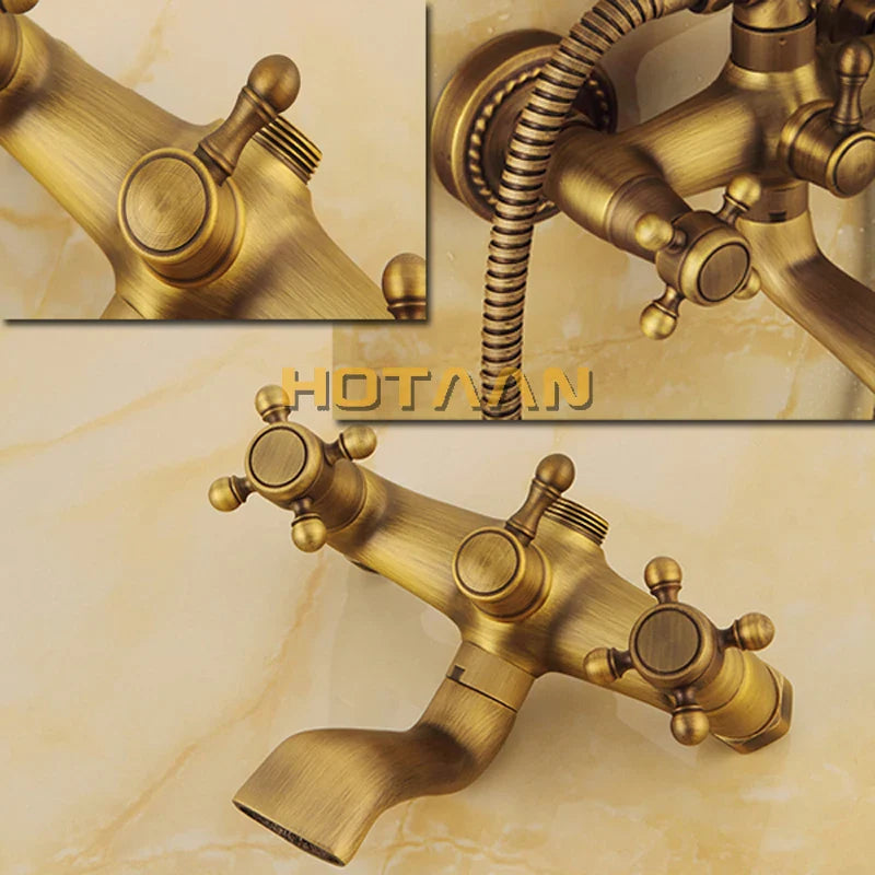 Afralia™ Antique Brass Shower Faucet Set with Rainfall Shower Head and Hand Shower