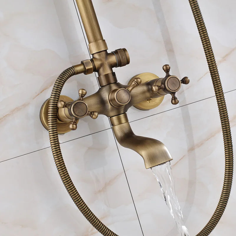 Afralia™ Antique Brass Wall Mount Bathtub Shower Faucet Dual Handle Shelf Spout