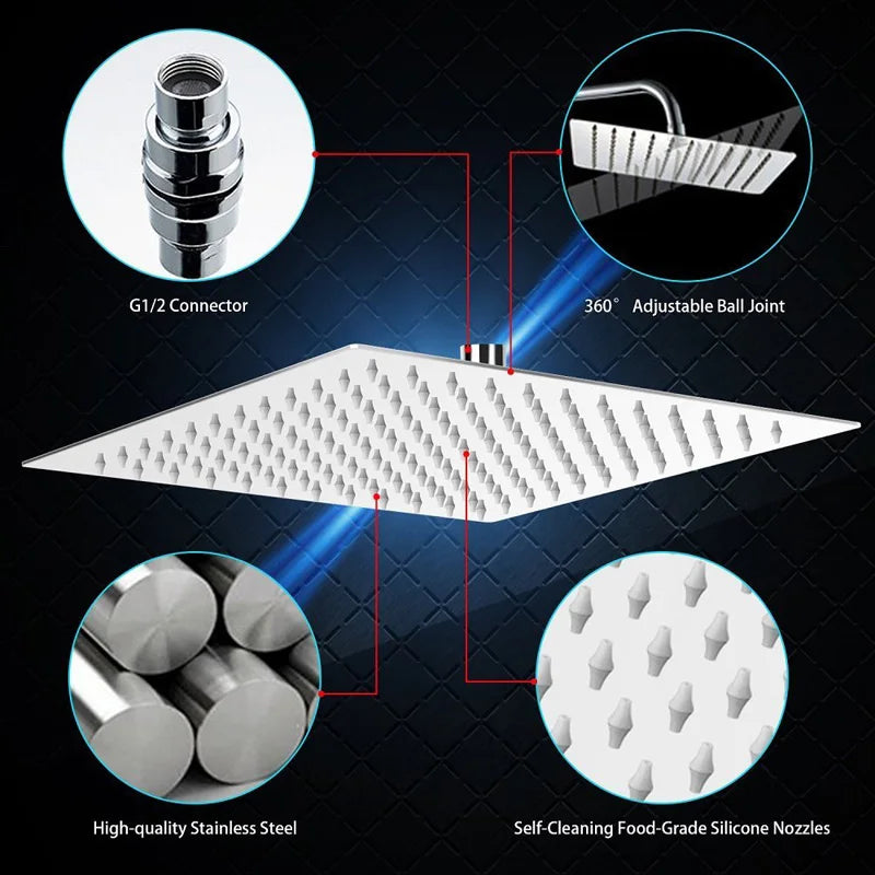 Afralia™ Ultrathin Square Stainless Steel Rainfall Shower Head 8/10/12 Inch
