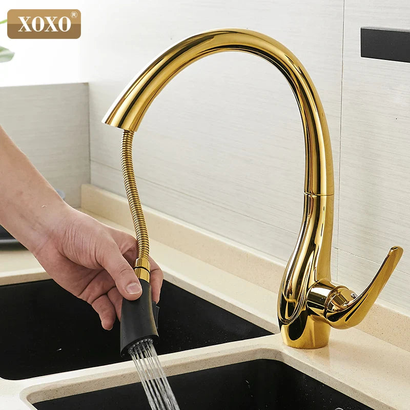 Afralia™ Golden Pull Out Kitchen Faucet Single Handle 360° Water Mixer Tap
