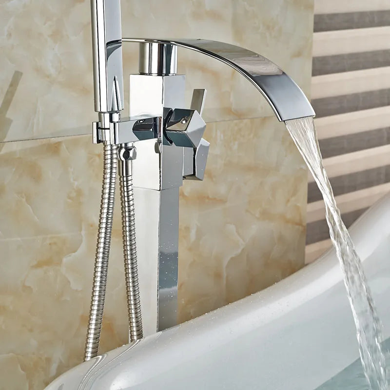 Afralia™ Chrome Finish Floor Mounted Bathtub Faucet Set with Hand Shower and Waterfall Spout