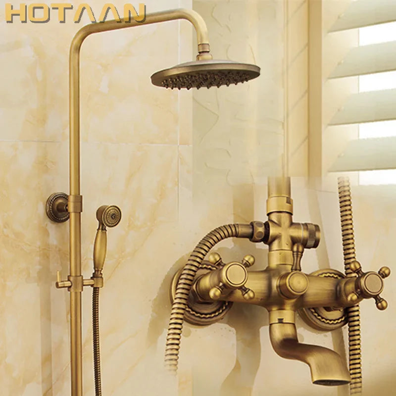 Afralia™ Antique Brass Shower Faucet Set with Rainfall Shower Head and Hand Shower