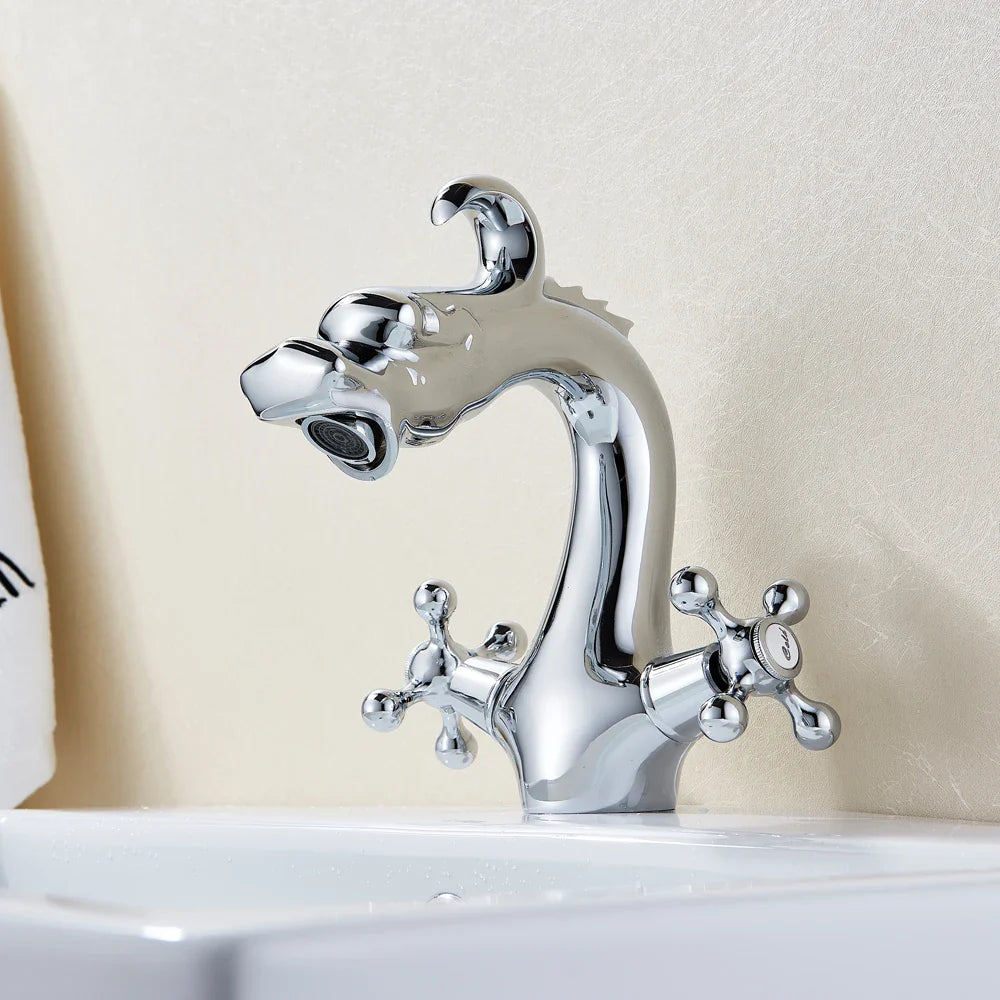 Afralia™ Chinese Dragon Crystal Handle Basin Faucet Dual Hot Cold Deck Mounted Sink