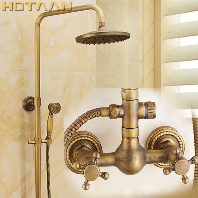 Afralia™ Antique Brass Bathroom Shower Faucet Set with Handshower, Tub Spout, and 8" Rainfall Head