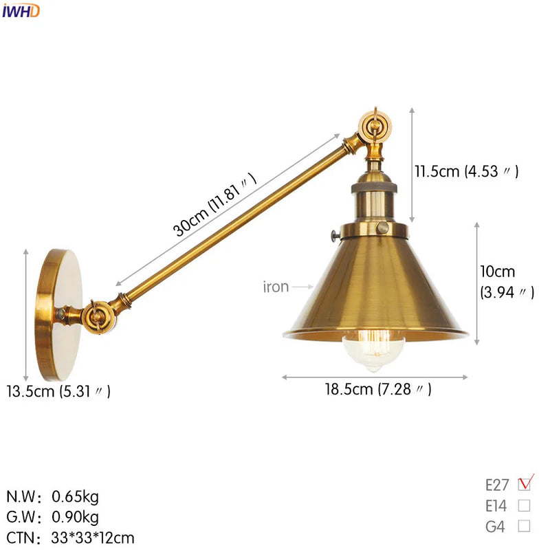 Afralia™ Antique Gold Long Arm Wall Lamp Vintage Bedroom Loft Industrial LED Wall Light