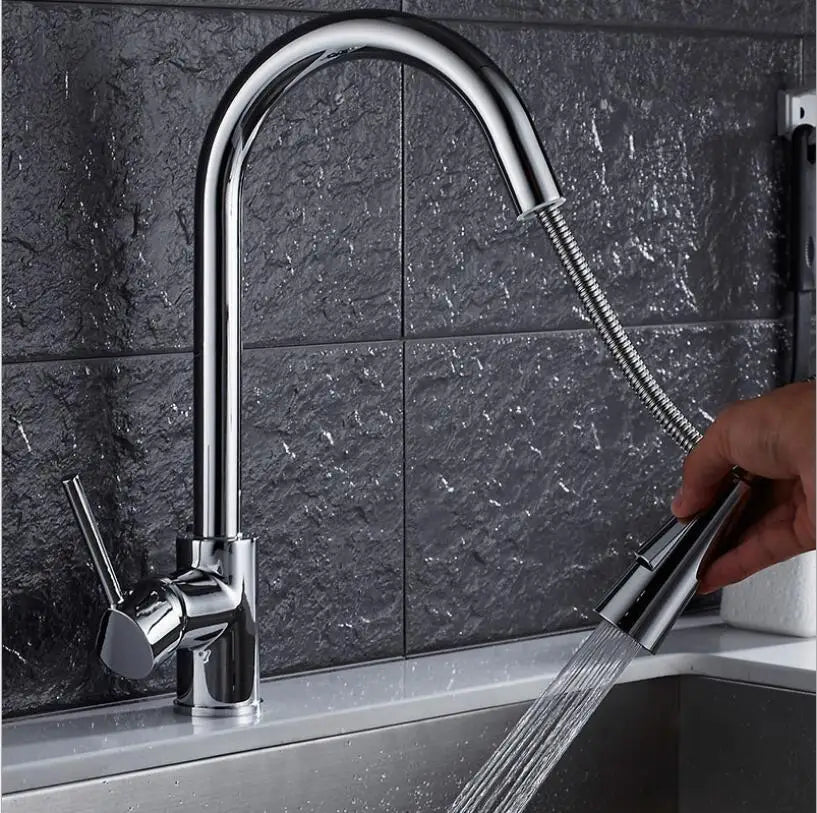Afralia™ Chrome/Gold/Nickel Kitchen Faucet Single Handle Pull Out Rotating Mixer Tap