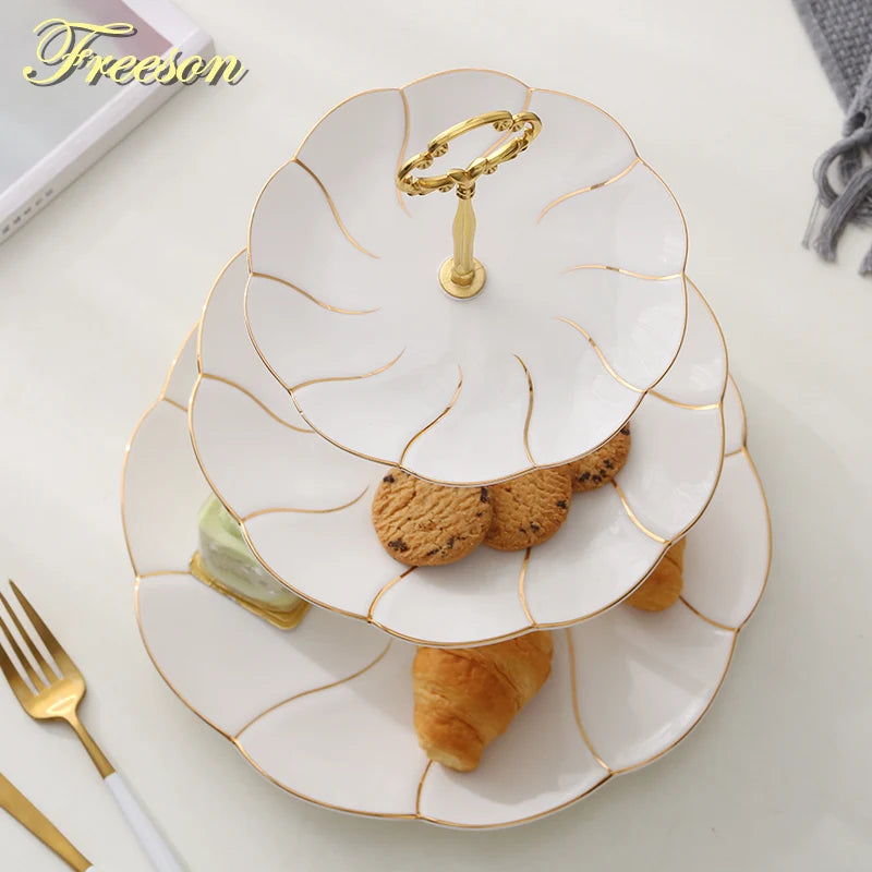 Afralia™ Gold Inlay Bone China Fruit Plates Snack Dishes Cake Plate Candy Dish