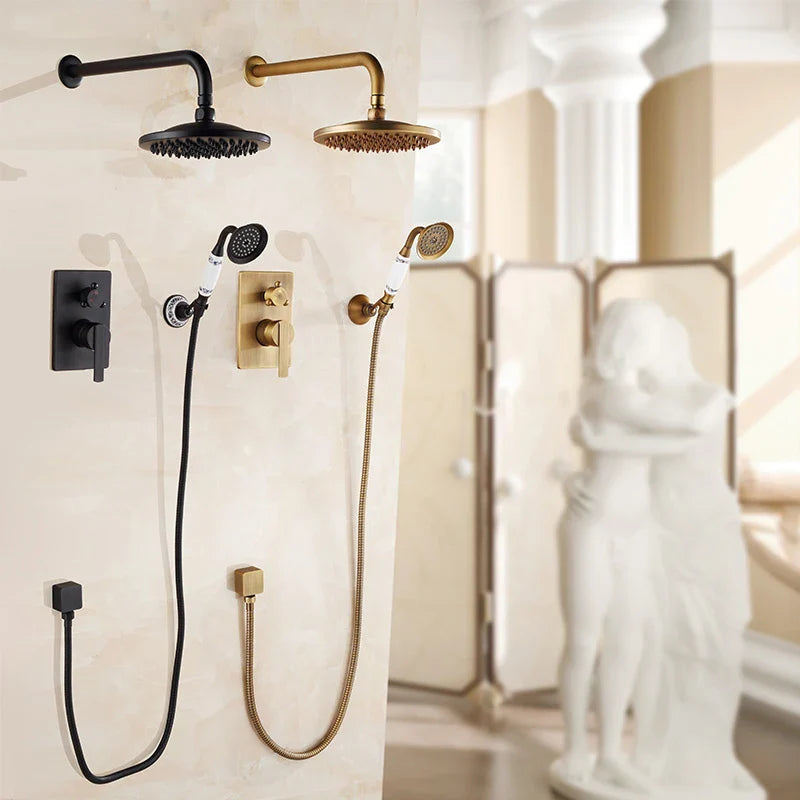 Afralia™ Antique Brass/Black 8" Rainfall Shower Set Faucet with Handshower