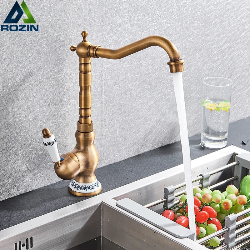 Afralia™ Antique Brass Ceramic Handle Basin Faucet, Deck Mounted Kitchen Sink Mixer Tap