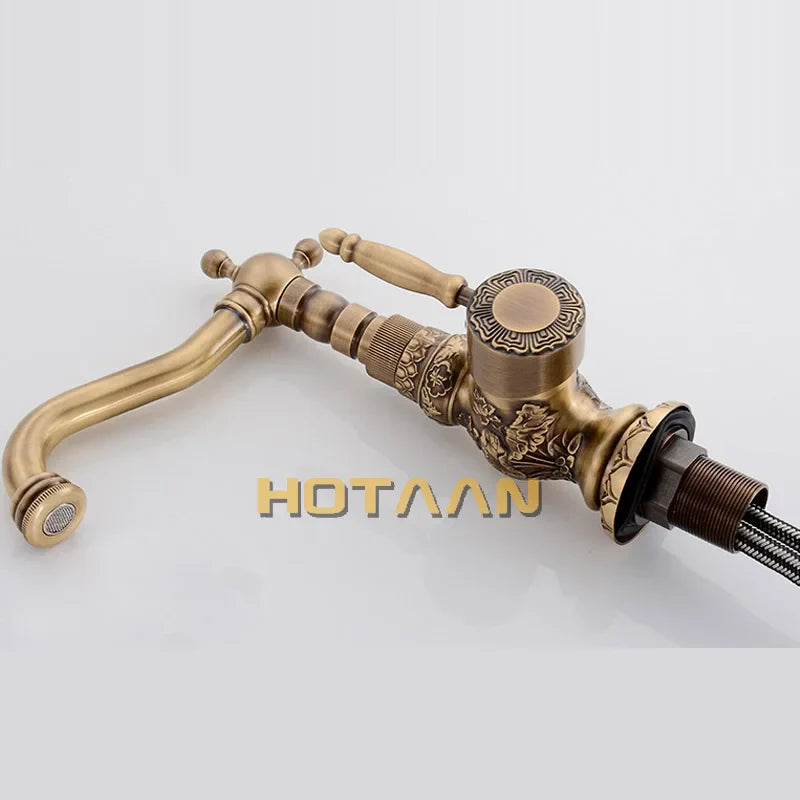 Afralia™ Antique Bronze Carving Kitchen Basin Faucet - Hot Cold Water Mixer Tap