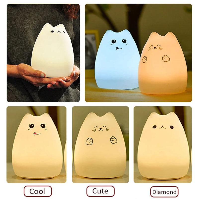 Afralia™ Cat Silicone Touch Night Light For Kids - 7 Color LED Baby Lamp