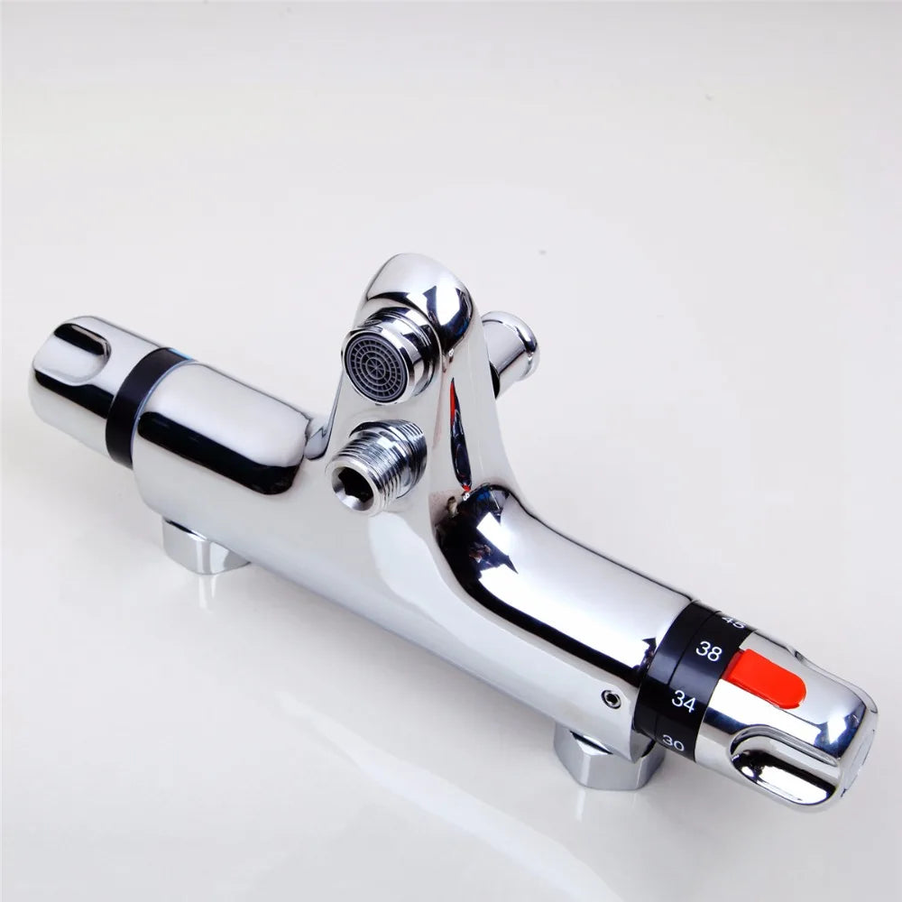 Afralia™ Chrome Brass Thermostatic Mixer Taps Set for Bathtub and Basin