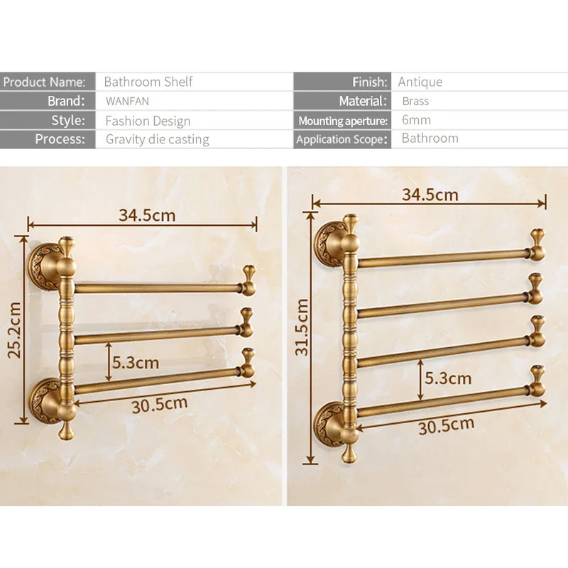 Afralia™ Antique Brass Towel Rack 4-Tier Bathroom Wall Shelf Holder Bars Pants Hanger