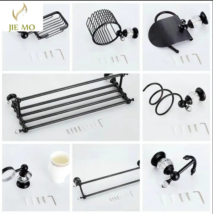 Afralia™ Black Brass & Crystal Bathroom Accessories Set - Towel Rack, Towel Bar, Paper Holder, Soap Dish, Cup Holder, Toilet JM251