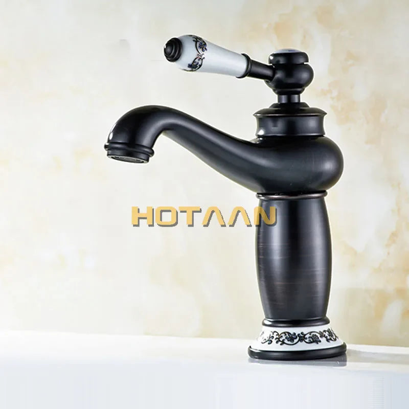 Afralia™ Black Brass Ceramics Bathroom Faucet Vintage Hot Cold Mixer Sink Tap