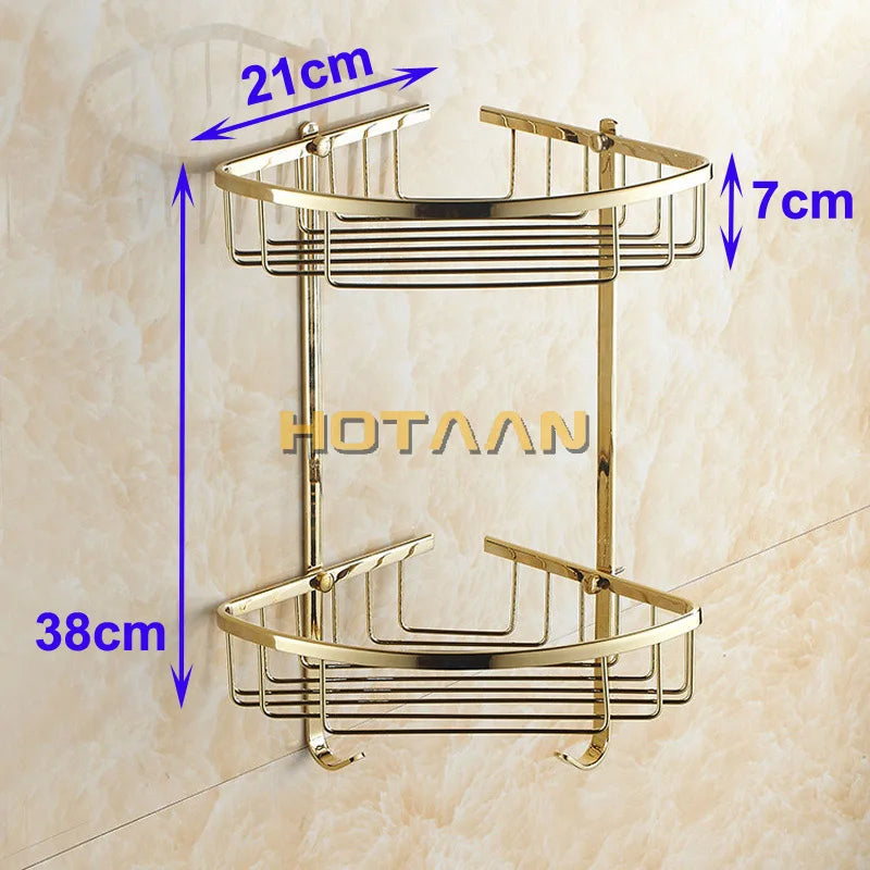 Afralia™ Gold Brass Double Layer Bathroom Shower Shelf Basket Holder