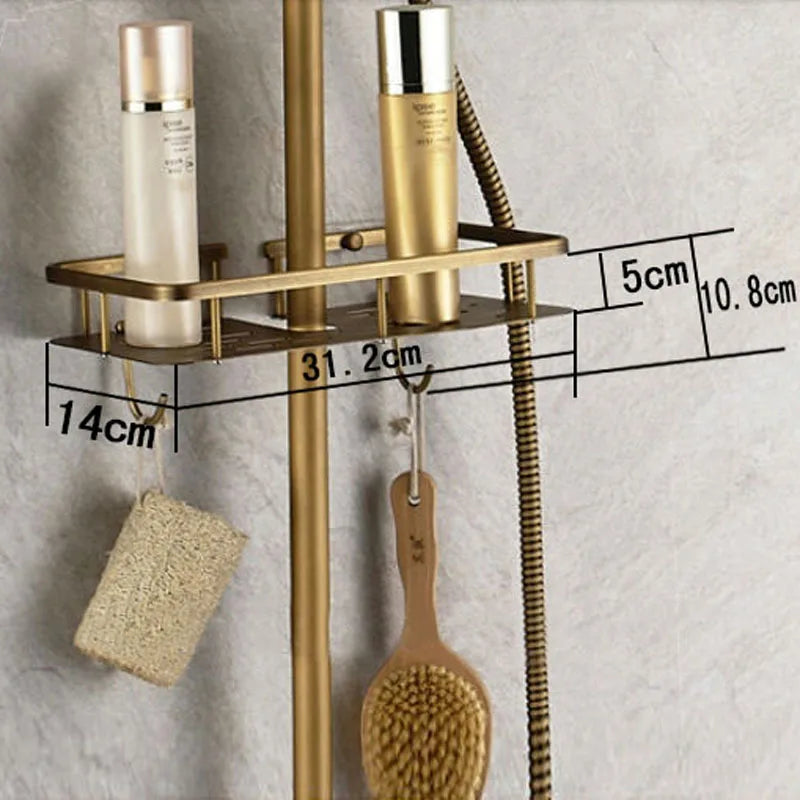 Afralia™ Antique Brass Wall Mount Bathtub Shower Faucet Dual Handle Shelf Spout