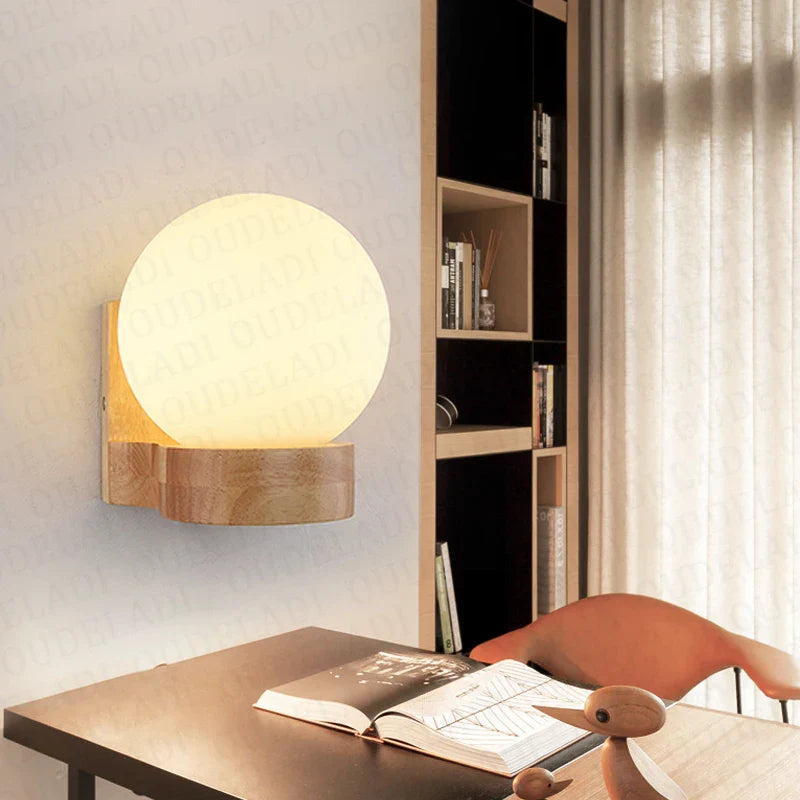 Afralia™ Nordic Wood LED Glass Wall Sconce for Modern Bedroom Hallway Decor