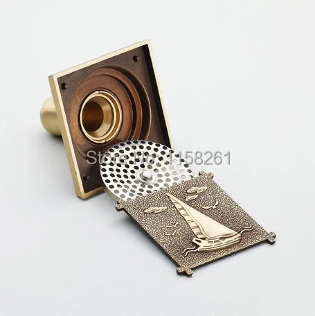 Afralia™ Antique Brass Shower Drain Cover Euro Art Carved Bathroom Strainer