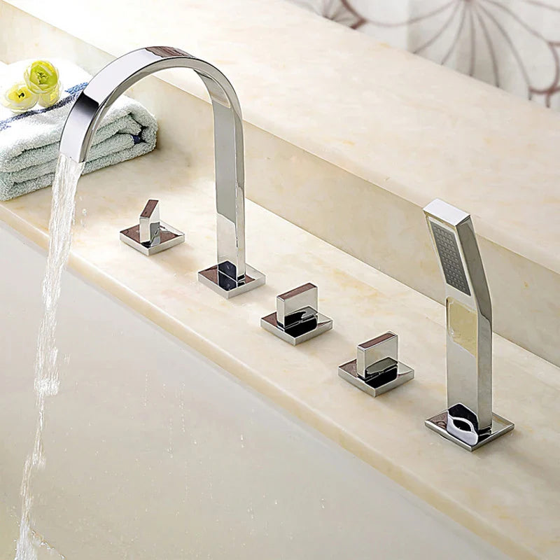 Afralia™ Chrome and Black 3-Handle Bathtub Faucet with Handshower