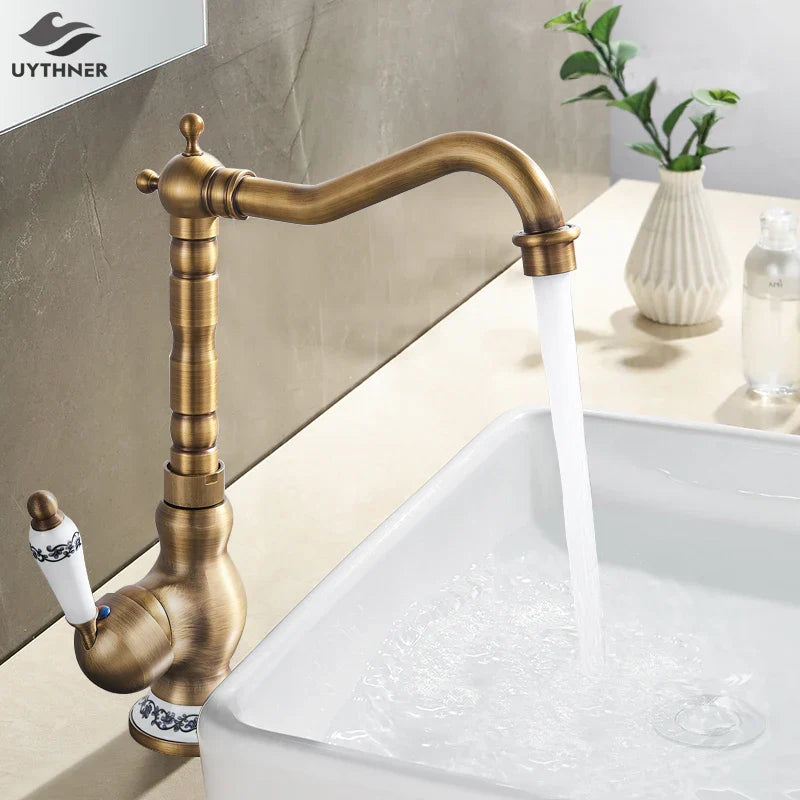 Afralia™ Antique Brass Single Handle Kitchen Sink Faucet Hot & Cold Water Mixer