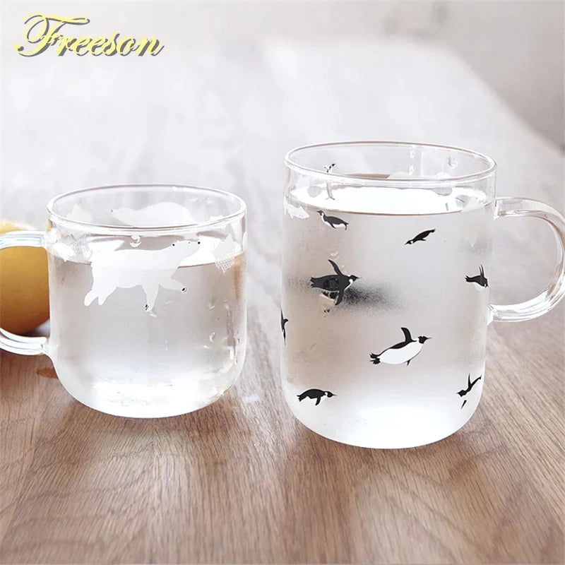 Afralia™ Polar Bear Penguin Glass Coffee Mug Heat Resistant Tea Cup Novelty