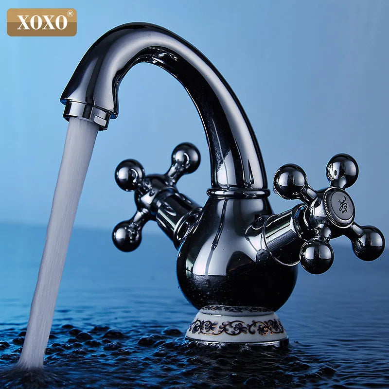 Afralia™ Double Handle Chrome Basin Faucet with Ceramic Decoration