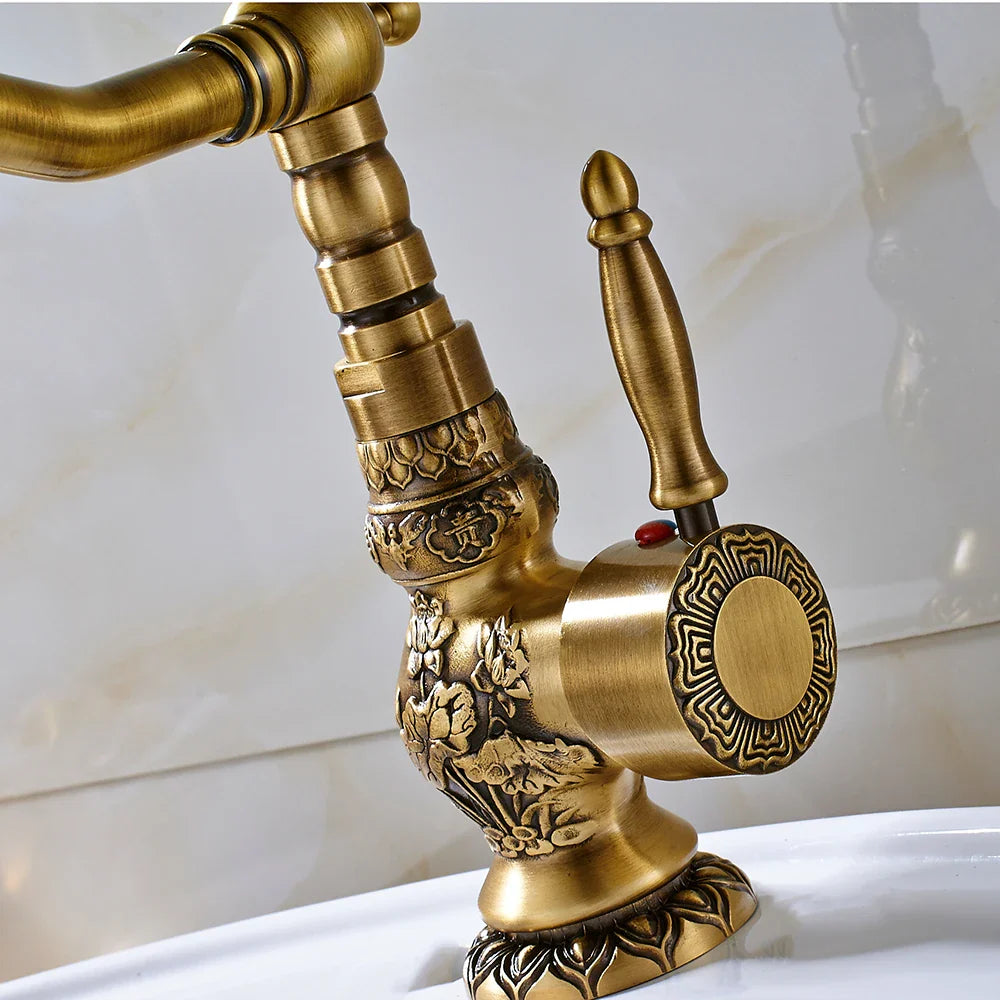 Afralia™ Antique Brass Basin Faucet Long Spout Flower Carved Sink Tap 360 Rotation