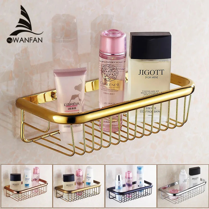 Afralia™ Solid Brass Shower Basket: Wall-Mounted Bathroom Shelf for Bath Essentials