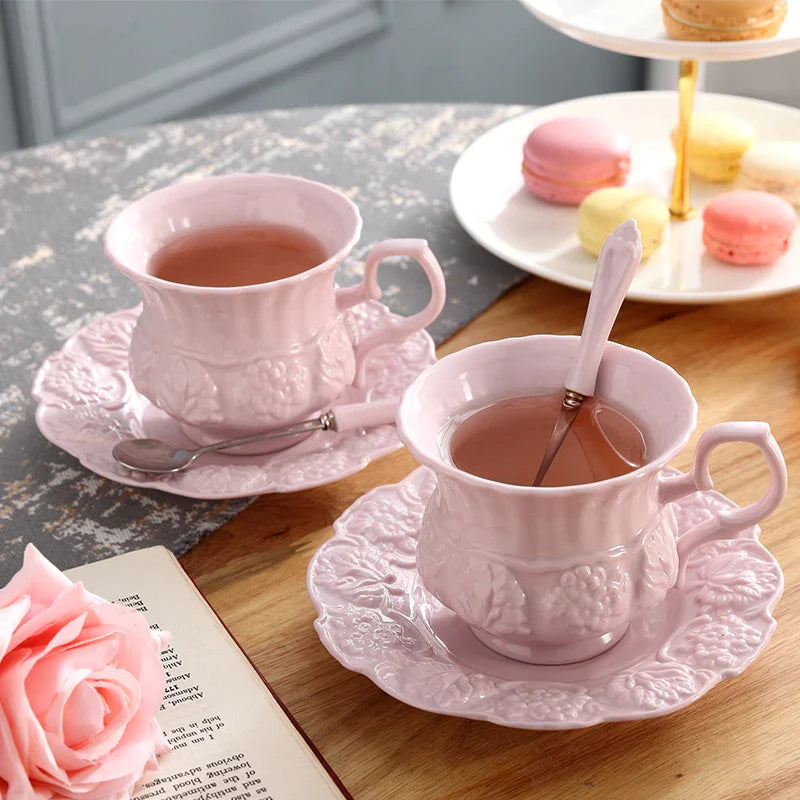 Afralia™ Pink Ceramic Tea Set Retro British Floral Teapot Mug Cafe Teatime Cup